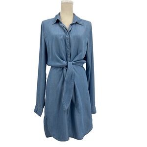 Elan Chambray Long Sleeve Button Front Tie Front Waist Denim Shirt Dress Size L